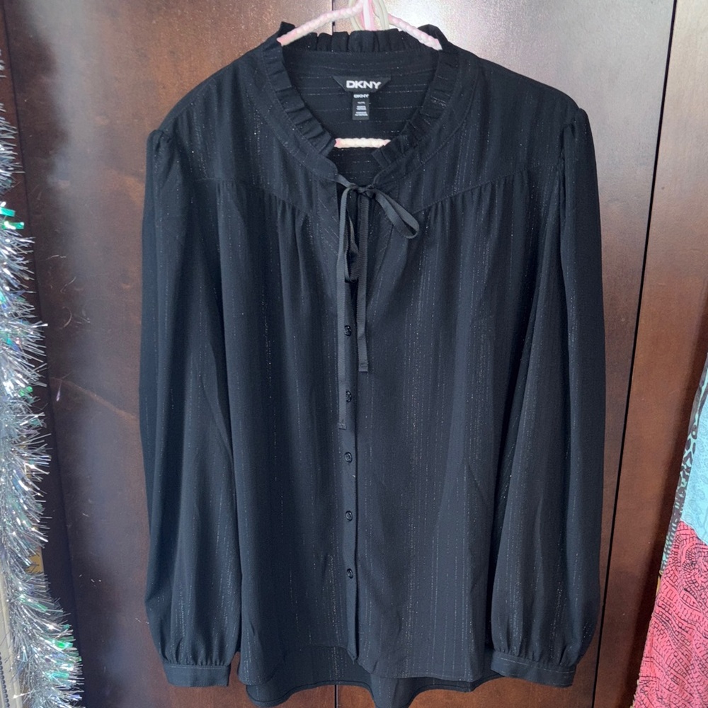 DKNY Midnight Black Blouse with Tie Neck